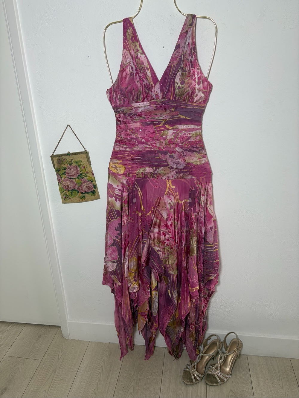 Ollé USA Pink Abstract Sequin Handkerchief Maxi Dress Size XS